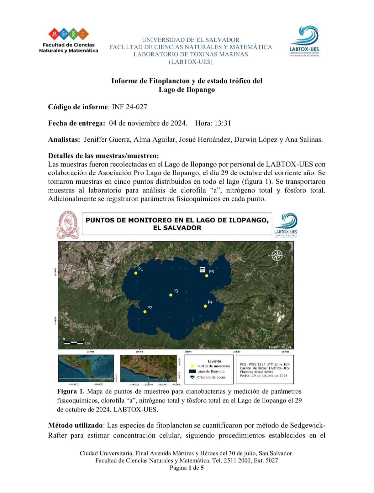 Informe de Fitoplancton y de estado trófico del Lago de Ilopango